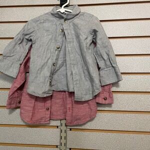 Old Navy Kids Boys Button Up Shirt 18 24 Months Red Gray Herringbone Long Sleeve